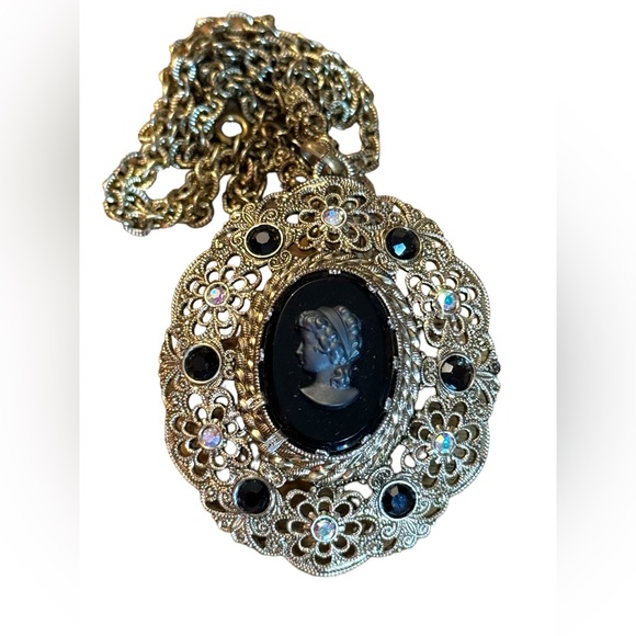 cameo Jewelry - Vintage gold finish antiqued brassy black cameo rhinestone revival necklace